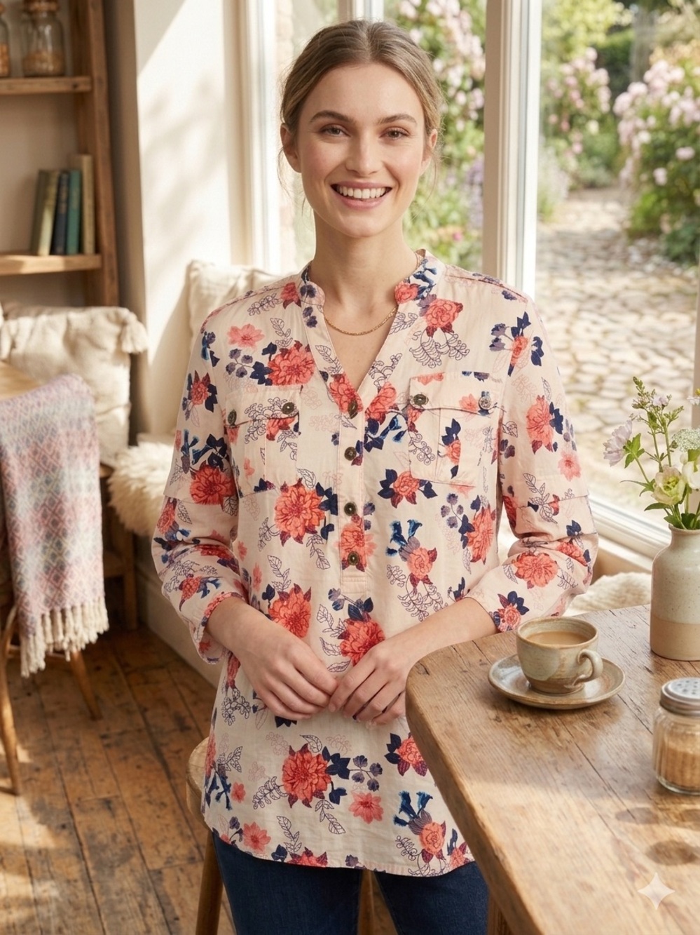 Matilda Jane Soft Pink Blouse with Coral and Navy Floral Print